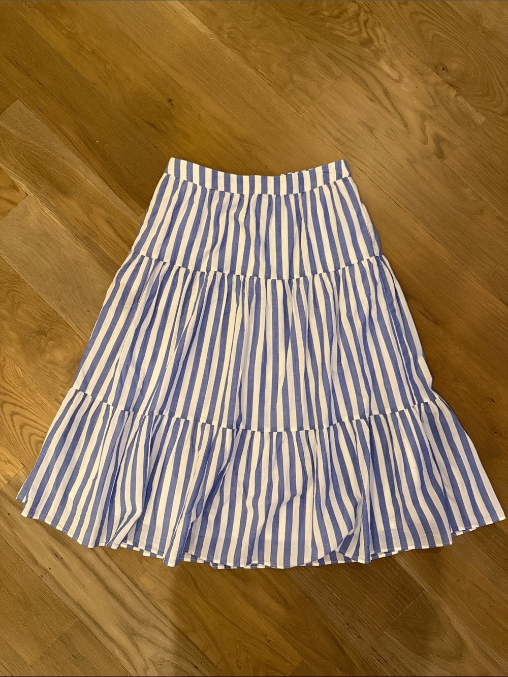 J. Crew Blue and White Striped Tiered Midi Skirt